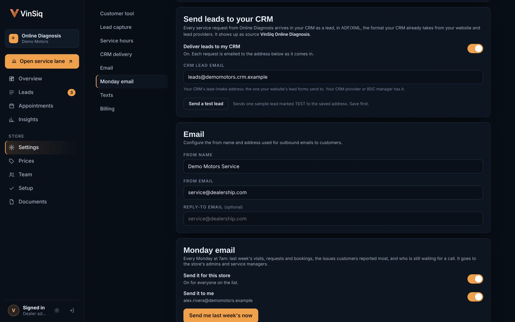 Settings: Send leads to your CRM, switched on, with the CRM lead email filled in.