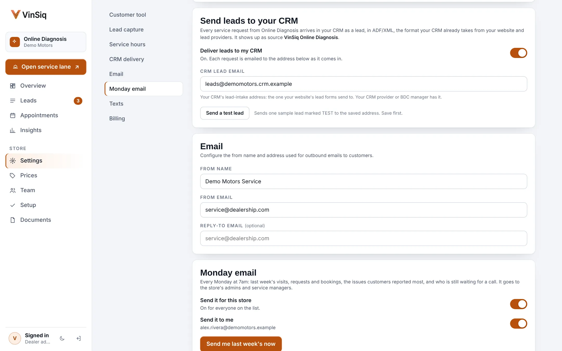 Settings: Send leads to your CRM, switched on, with the CRM lead email filled in.