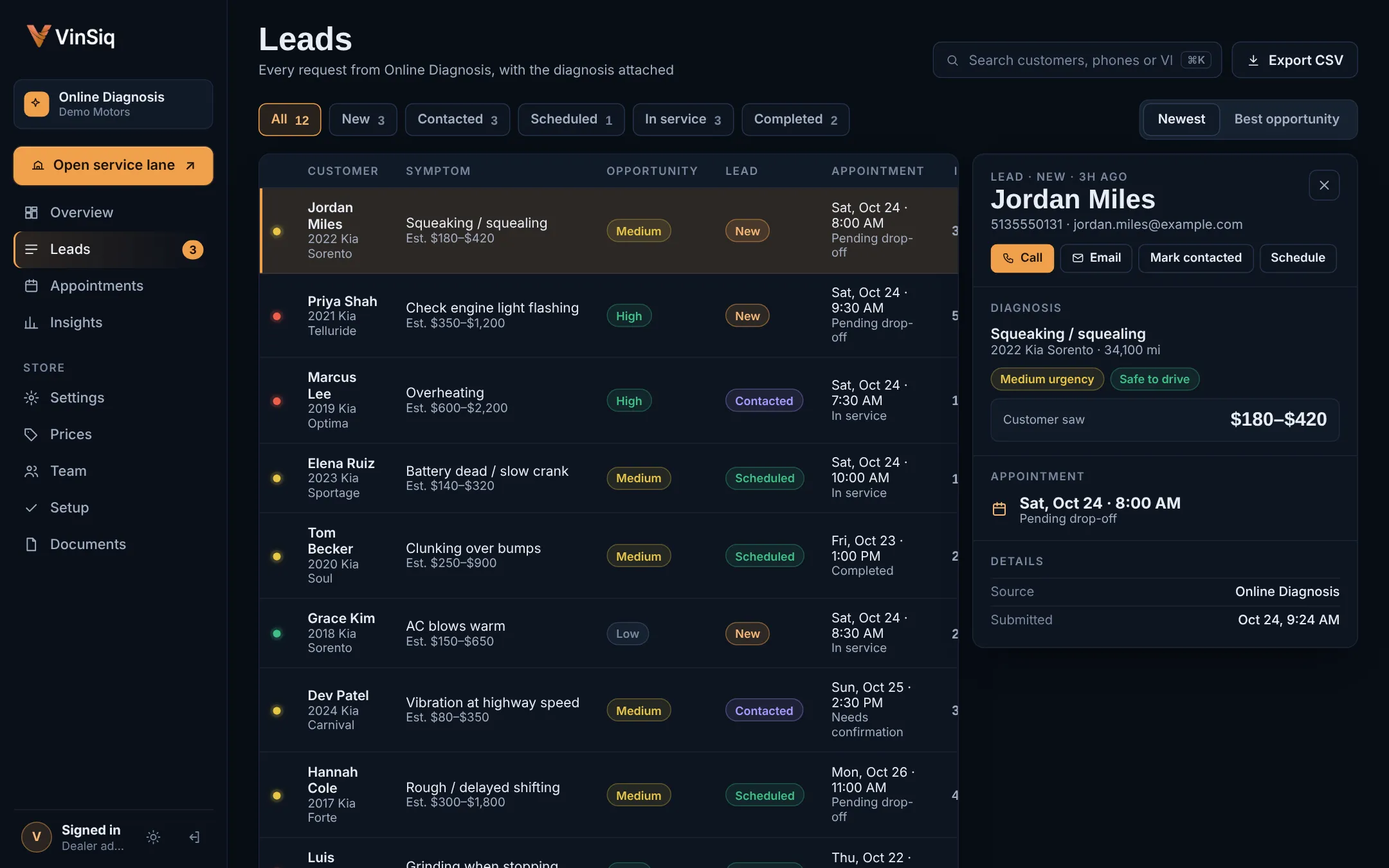 The Leads page of the dealer dashboard for Demo Motors: each request with the customer, vehicle, symptom, estimate and appointment, and one lead open beside the list with its diagnosis and Call, Email and Schedule buttons.