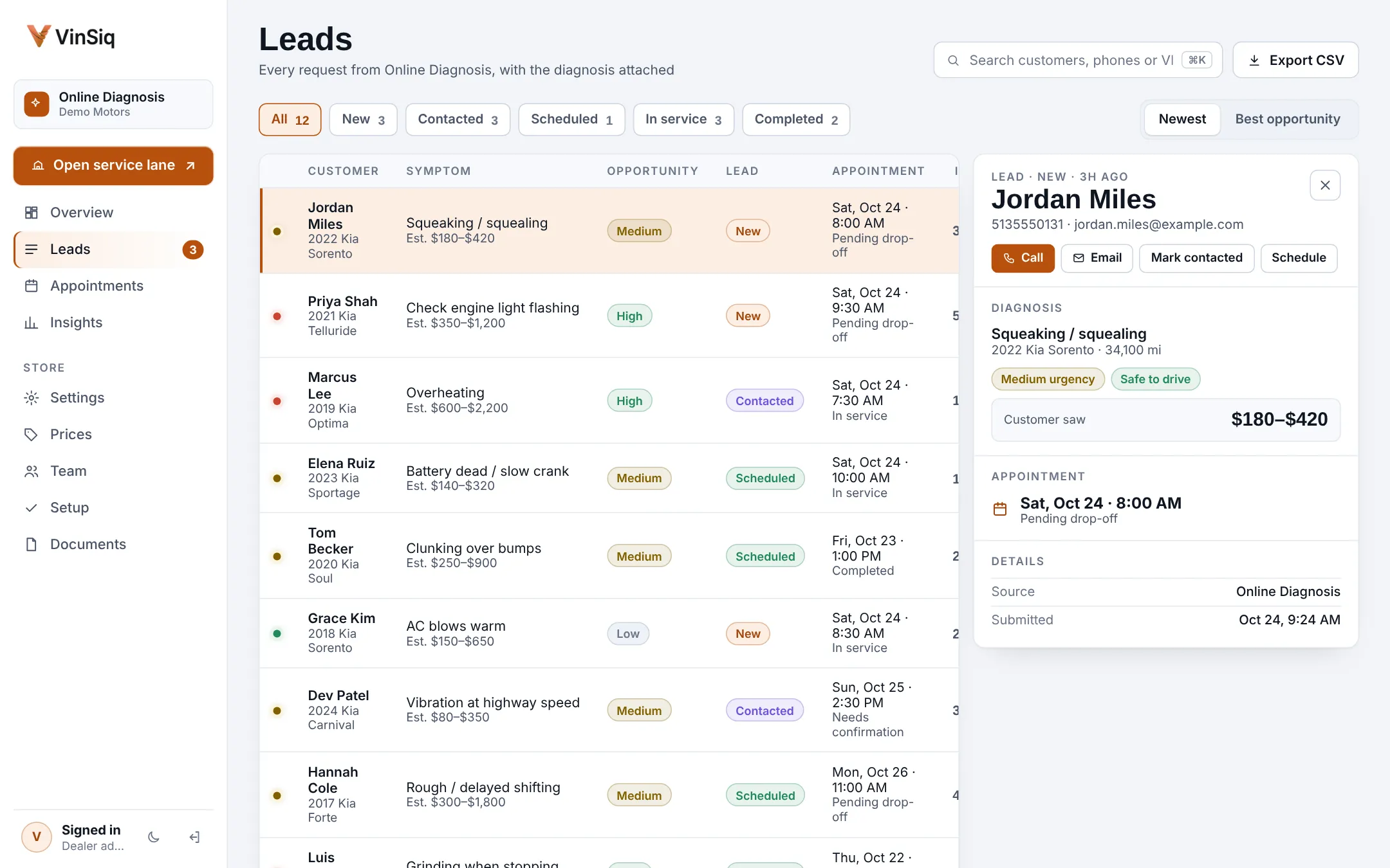 The Leads page of the dealer dashboard for Demo Motors: each request with the customer, vehicle, symptom, estimate and appointment, and one lead open beside the list with its diagnosis and Call, Email and Schedule buttons.