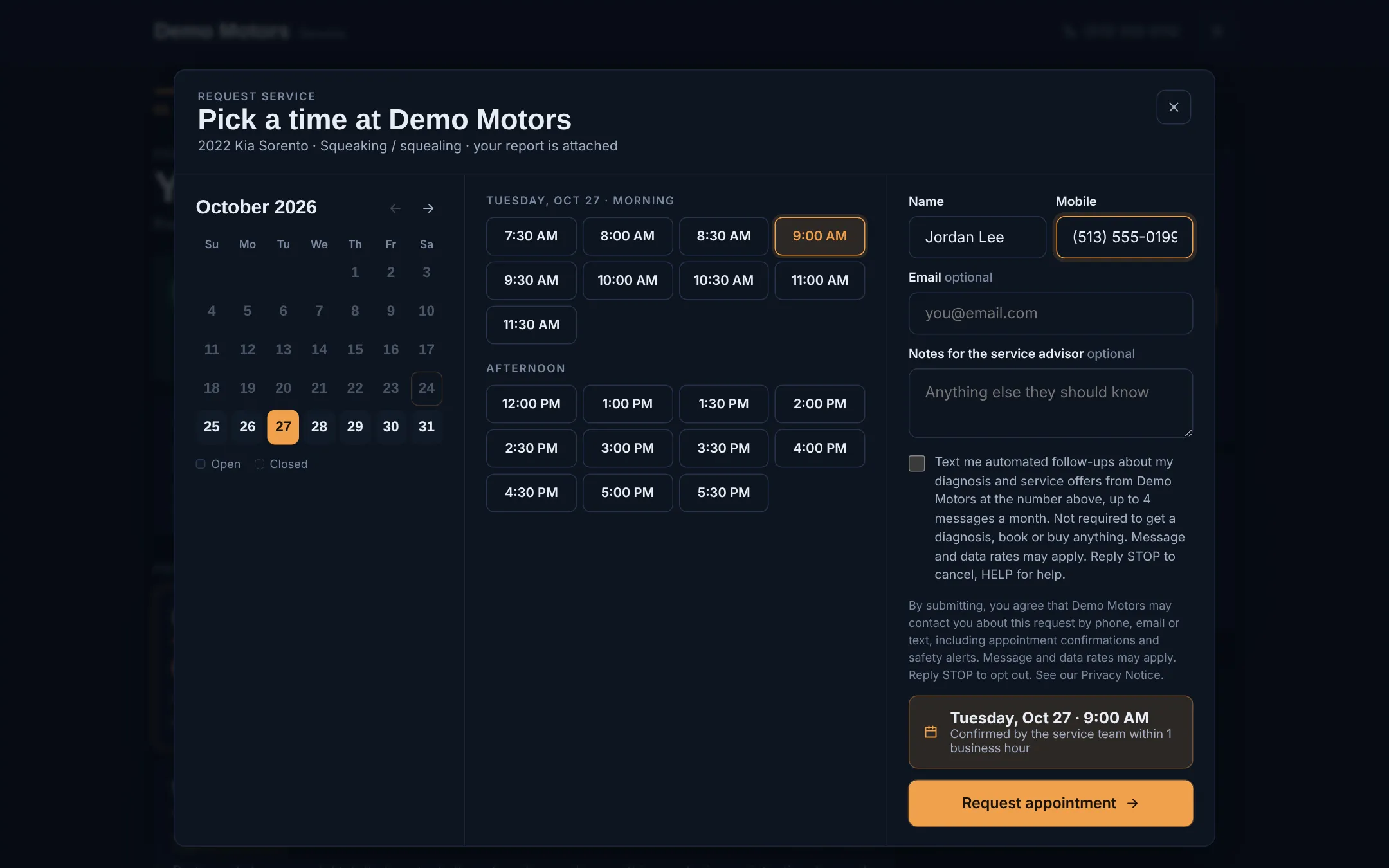 The booking window for Demo Motors: a month calendar, morning and afternoon times, and the customer’s name and phone filled in.