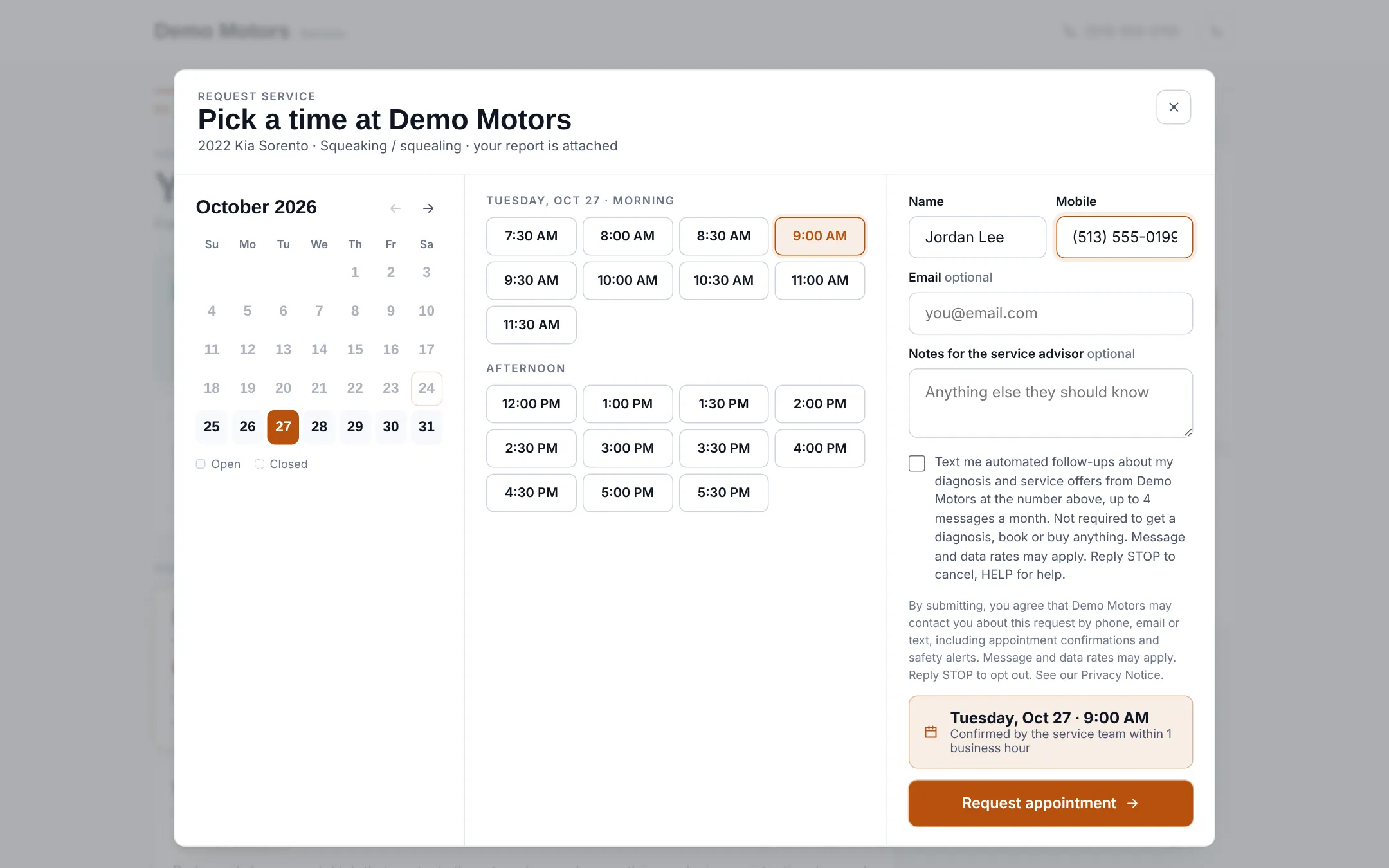 The booking window for Demo Motors: a month calendar, morning and afternoon times, and the customer’s name and phone filled in.