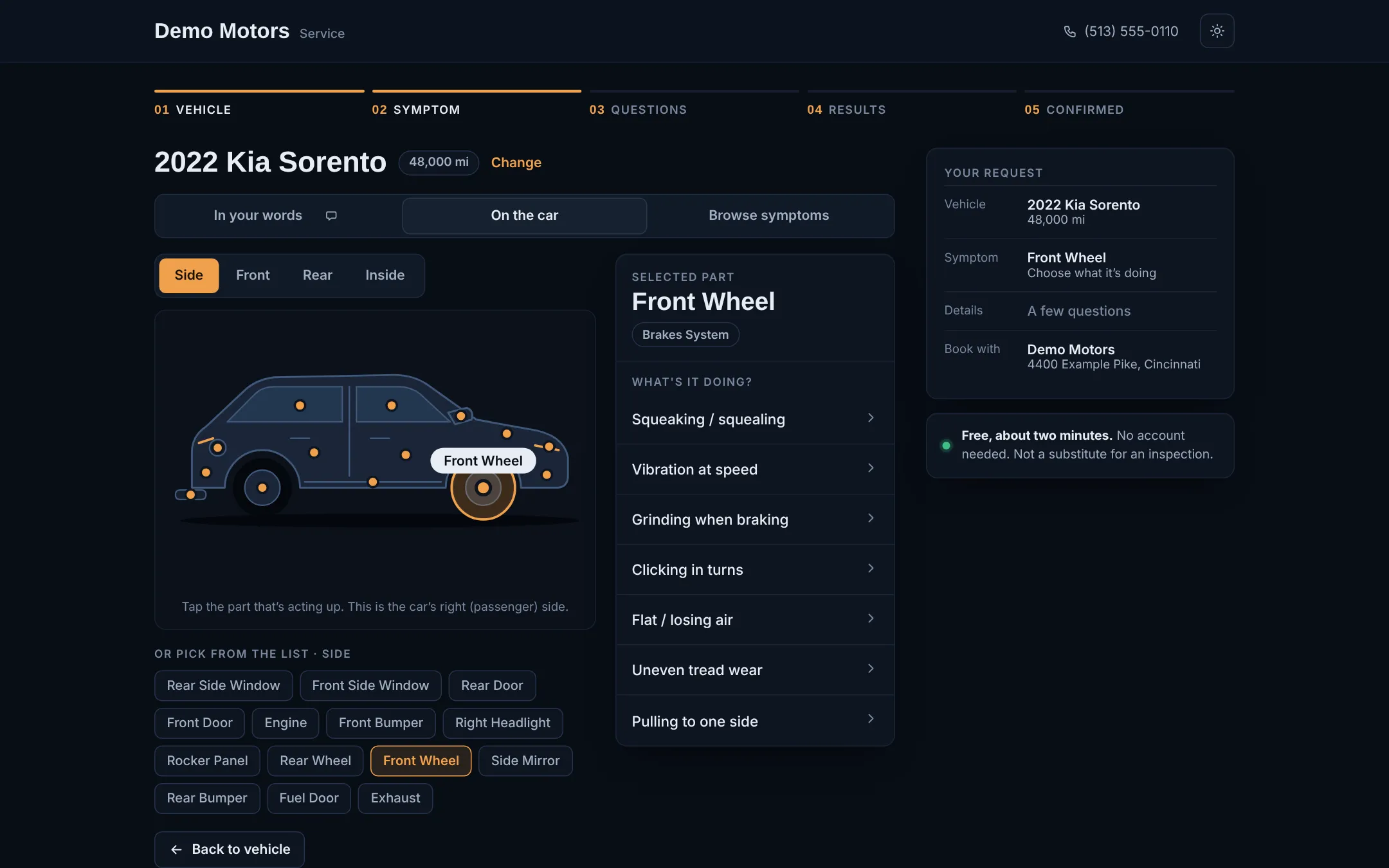 The car diagram, side view, with the front wheel selected and its symptoms listed beside the car: squeaking, vibration, grinding when braking and more.