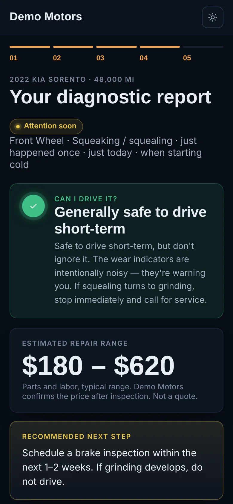Online Diagnosis on a phone: the diagnostic report for a 2022 Kia Sorento with a squealing front wheel. It says the car is generally safe to drive short-term, shows a $180 to $620 repair range and recommends a brake inspection within one to two weeks.