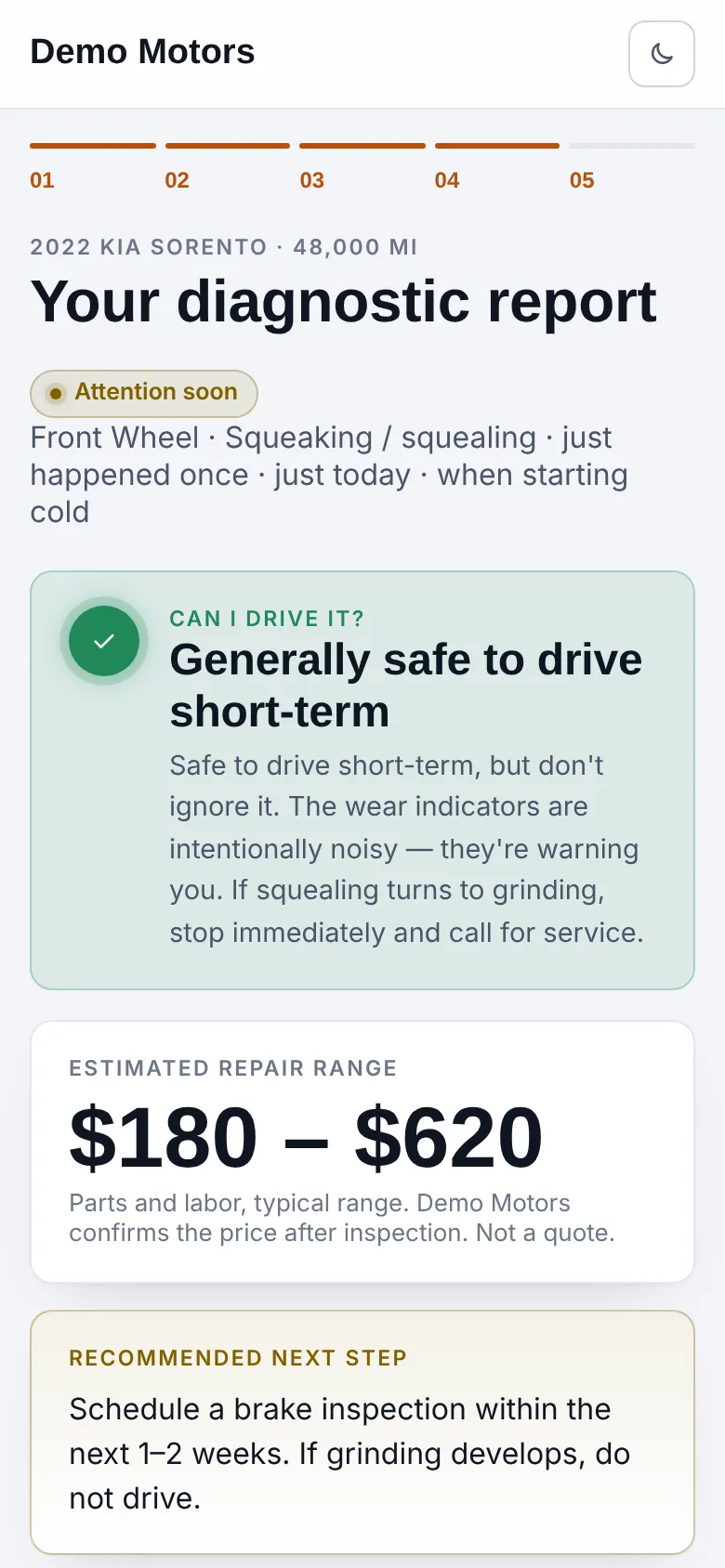Online Diagnosis on a phone: the diagnostic report for a 2022 Kia Sorento with a squealing front wheel. It says the car is generally safe to drive short-term, shows a $180 to $620 repair range and recommends a brake inspection within one to two weeks.